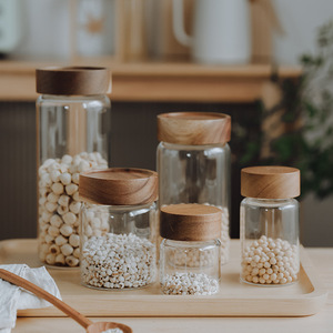 Vente en gros de 6 pièces, ensemble de bocaux en verre pour le stockage des aliments, vente directe d'usine, récipient en verre <span class=keywords><strong>vide</strong></span> en borosilicate de haute qualité, couvercle en bois - Product Image 1