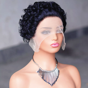 Perruque <span class=keywords><strong>Courte</strong></span> Bouclée Pas Chère de 6 Pouces, <span class=keywords><strong>Coupe</strong></span> Pixie, Noire Naturelle, avec Dentelle Transparente, <span class=keywords><strong>Cheveux</strong></span> Humains Pré-Épilés pour Femmes - Product Image 1