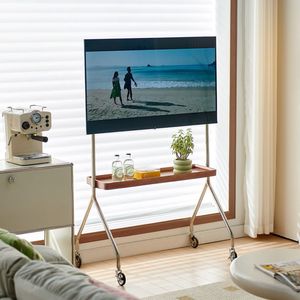 Meuble <span class=keywords><strong>TV</strong></span> mobile de style nordique pour petits espaces, support de moniteur sur pied pour salon avec roulettes en acier inoxydable - Product Image 3