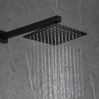 Ensemble de douche mural en laiton massif noir mat avec pommeau de douche carré effet pluie, douchette à main et robinetterie encastrée