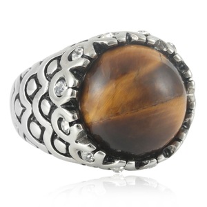 yunnique Men's <b>Titanium</b> Steel Brown Oval Gemstone <b>Ring</b> Bezel Setting Punk Style Fashion Jewelry Gift - Product Image 3