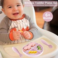 Ensemble de 3 assiettes écologiques sans BPA pour tout-petits avec cuillère et fourchette, kit de sevrage pour bébé en silicone de qualité alimentaire