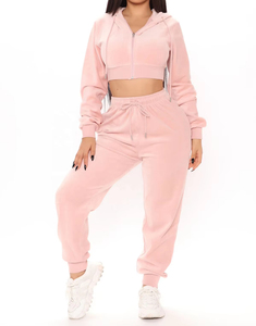 Ensemble de survêtement décontracté pour femme en coton 100% de haute qualité, avec sweat à capuche court à manches longues et fermeture éclair intégrale et pantalon de jogging, 2 pièces en molleton - Product Image 1