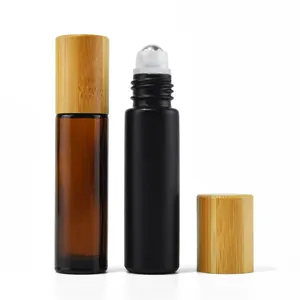 香水精油透明滚筒瓶10毫升玻璃卷瓶，带竹盖和滚筒