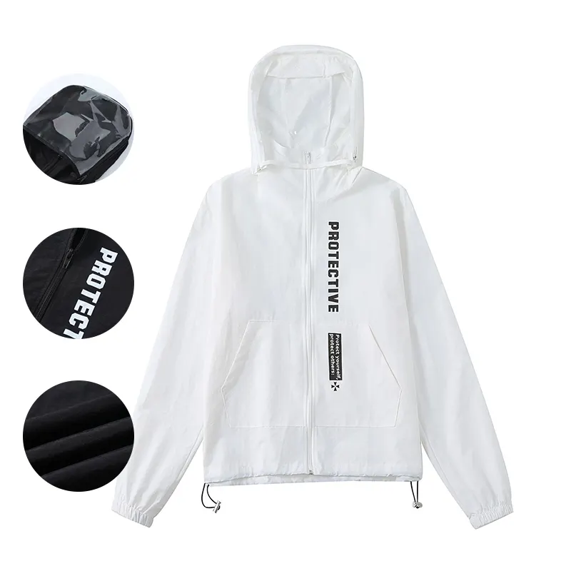 Streetwear özel Pretty serin su geçirmez koruma Unisex beyaz Hoodie ceket ayrılabilir yüz Shield Anti damlacık ile ceket