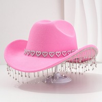 Chapeau de cowboy pour mariage et Saint-Valentin, décoré de diamants en forme de cœur et de pompons, chapeau de fête pour la mariée