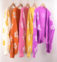 Cardigan élégant et tendance pour jeunes femmes, en tricot avec motif floral en intarsia et fourrure de lapin duveteuse, col en V profond