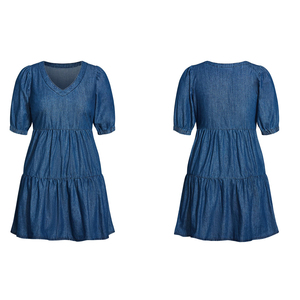 2024 <span class=keywords><strong>Vestido</strong></span> <span class=keywords><strong>vaquero</strong></span> de algodón plisado para <span class=keywords><strong>mujer</strong></span> deshilachado costero escalonado no elástico drapeado verano delantal técnica lavada - Product Image 1