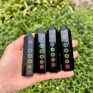 Venta al por Mayor de Torre de Obsidiana Negra Grabada con los Siete Chakras, Patrón de Luna y Estrella, Varita de Cristal Curativa, Obelisco de Energía para Meditación, Decoración - Product Image 2