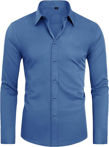 Camisa de Negocios de Algodón Azul de Manga Larga para Hombre, Corte Entallado, Cuello con Muescas, Antiarrugas, Largo Regular, Tejido de Sarga - Product Image 2
