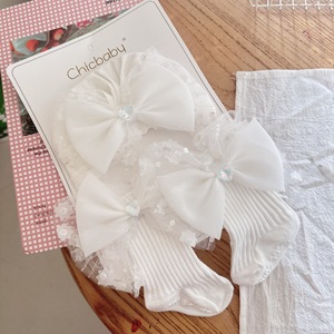 Ensemble de chaussettes et bonnet en coton pour nouveau-né, chaussettes pour bébés filles, couleur unie, avec nœud en dentelle, chaussettes mi-hautes pour bébé - Product Image 2