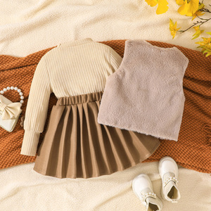 Conjunto de Ropa de <span class=keywords><strong>Invierno</strong></span> para Niñas, Chaleco de Felpa con Decoración Floral, Top de Color Sólido, Falda Plisada - Product Image 4