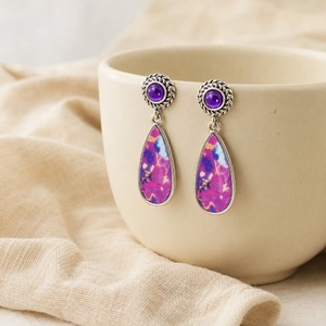 Orecchini retrò a forma di goccia con pietre intarsiate viola e bianche, regali per feste quotidiane da donna - Product Image 4