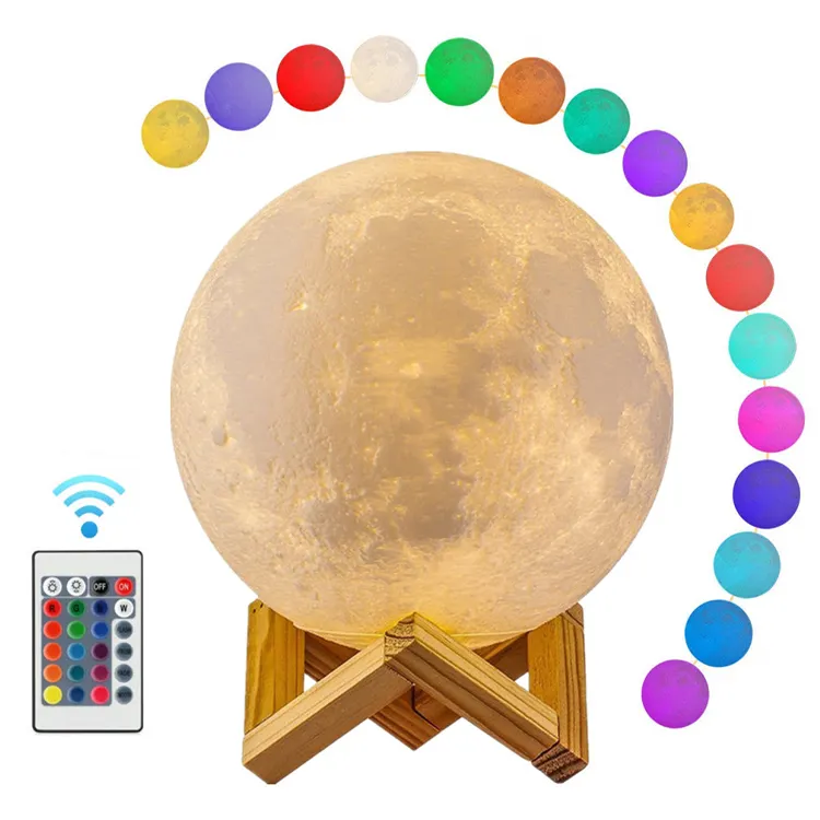 Moonlamp Lampu Malam Anak-anak LED 16 Warna, Lampu Bulan Bintang 3D dengan Dudukan Kayu Remote & Kontrol Sentuh USB Dapat Diisi Ulang