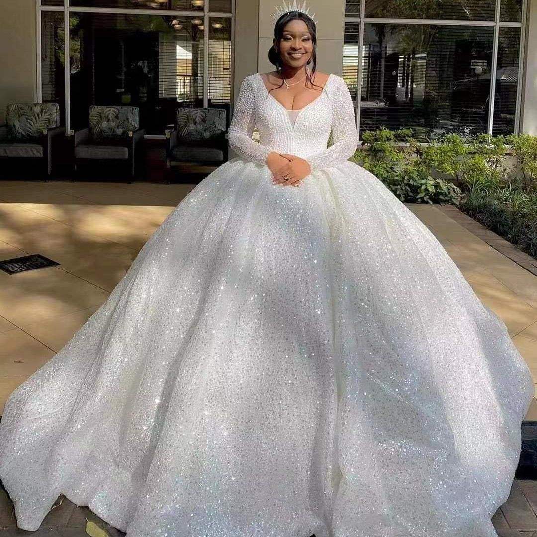 Novia Vestidos Con Tela Brillante Manga Larga Brillante Princesa