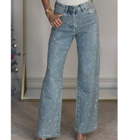 Jeans jambe droite taille haute pour femmes respirant lâche strass embelli cristal lavage Denim Patchwork motif