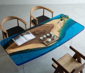 Set Tavolo da Pranzo di Lusso in Resina Epossidica Design <span class=keywords><strong>Oceano</strong></span> <span class=keywords><strong>Blu</strong></span> Combinato con Lastra di Noce per Sala da Pranzo 10*3 Piedi - Product Image 5