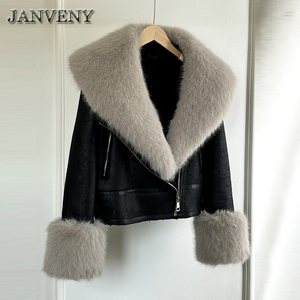 JANVENY 2024 inverno grande cappotto in pelliccia di volpe sintetica con pelliccia di montone da <span class=keywords><strong>donna</strong></span> in pelliccia di agnello con polsino giacca corta in pelle sintetica - Product Image 4