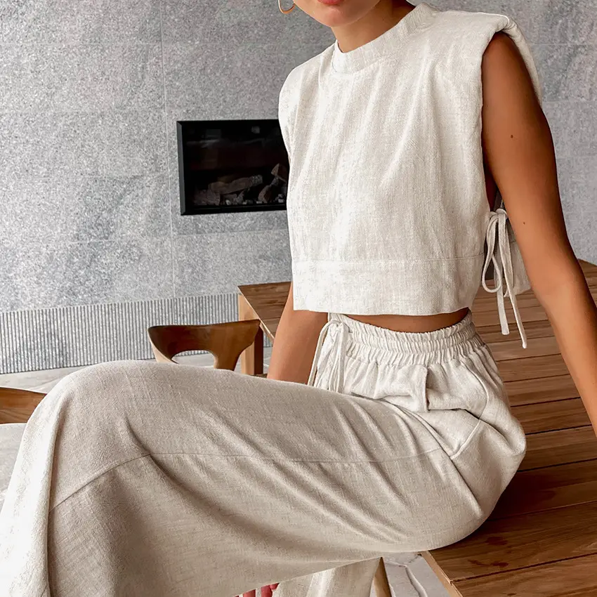 Summer new shoulder pads sleeveless top trousers two-piece casual fashion cotton linen women sets