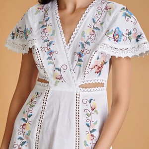 Robe en coton personnalisée 2025 pour femme, robe décontractée brodée florale, robe midi tissée taille haute, design en dentelle, fabriquée - Product Image 2