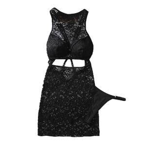 欧美跨境新款性感蕾丝半透明两件套高领无袖时尚镂空露背透视 - Product Image 5