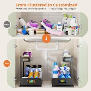 Paquete de 2 Organizadores Metálicos para Baño, Organizador Extraíble de 2 Niveles para Debajo del Fregadero, para Cocina y Baño, Color Negro - Product Image 2