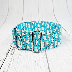 Martingale à glissement limité en tissu effrayant pour chien garçon halloween ou collier à boucle, collier de lévrier/"Booo" cyan - Product Image 1