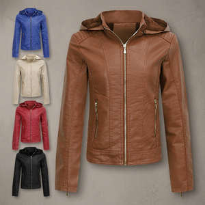 Veste de moto à capuche en cuir PU pour femme, manches longues, fermeture éclair, coupe-vent, tenue d'automne, couleur unie, tissu tissé - Product Image 3