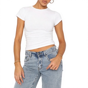 Women's <b>White</b> Slim Fit <b>Cropped</b> T-Shirt Short Sleeve O-Neck Cotton Casual <b>Top</b> Spring Summer Wear Crewneck T-Shirts - Product Image 3