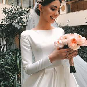 Vestido de novia de manga larga con cuello cuadrado, tren de barrido, línea A, satén, modesto vestido de novia musulmán <span class=keywords><strong>Abaya</strong></span> - Product Image 3