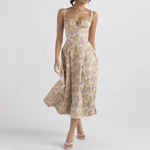 Mulheres Moda Vestuário Designers Floral Print Dress Custom Pattern Sweetheart Neck Sling Bandage Sexy Vestido de Verão para Senhoras
