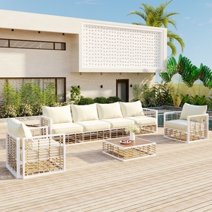 Juego <span class=keywords><strong>de</strong></span> Muebles <span class=keywords><strong>de</strong></span> Jardín Minimalista <span class=keywords><strong>de</strong></span> 7 Piezas, Mesa <span class=keywords><strong>de</strong></span> Centro Metálica para Interiores y Exteriores, Cojines Gruesos, Sofá Seccional para Patio - Product Image 1