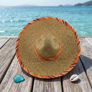 Natural <b>Straw</b> Sombrero Wide Brim Hand Embroidered Striped Ribbon Adult Unisex Beach Hat 58-60CM - Product Image 1
