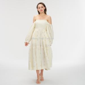 ชุดเดรสฤดูร้อนสำหรับผู้หญิง สีพื้น แขนยาวพอง ไหล่เดี่ยว รัดเอว เปิดหลัง ทรงเอไลน์ ระบายอากาศได้ดี ชุดเดรสยาว - Product Image 1