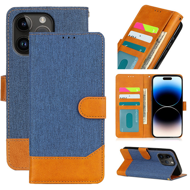 Denim-Patchwork Magnetic Wallet Phone Case with Card Slots and Color-Blocked Hem Design for 15 & Pro Max