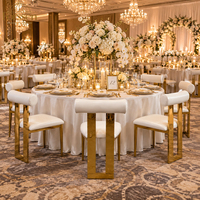 Chaise de banquet de luxe en acier inoxydable doré avec revêtement en cuir blanc, design moderne pour mariage, événement, hôtel, salle à manger