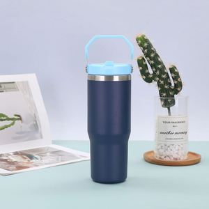 Gobelet isotherme sous vide 20oz 30oz avec poignée de transport pour voiture, couvercle, paille et base antidérapante pour café chaud - Product Image 5