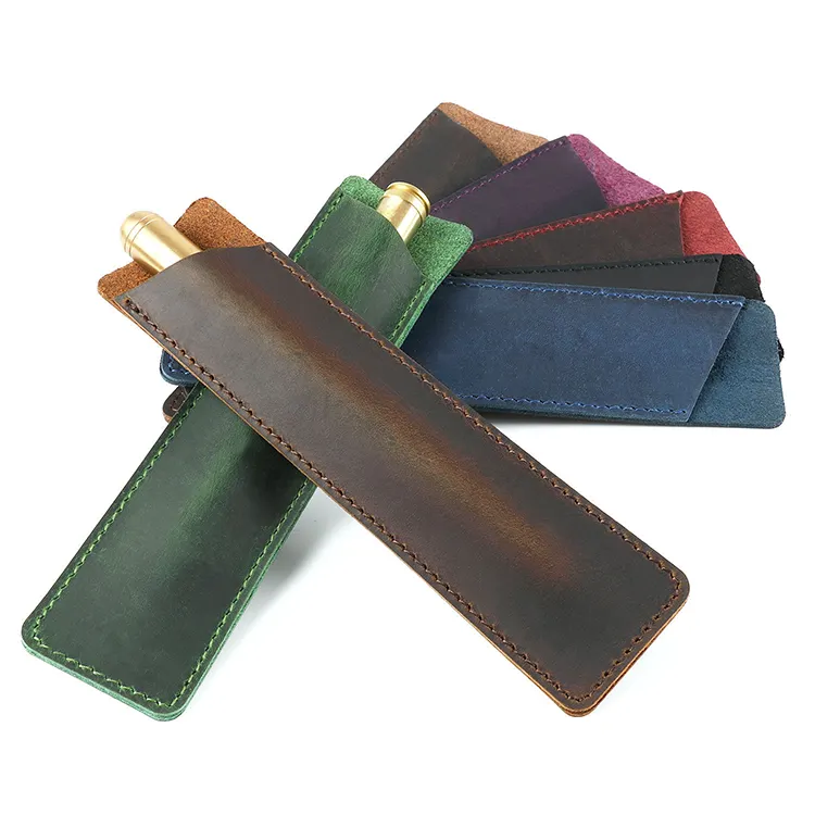 Genuine leather pen pouch for promotion retro crazy horse leather single pen protection pencil pen case