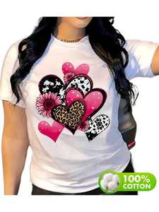 T-shirt da donna in cotone dalla vestibilità ampia con stampa di cuori leopardati, manica corta, girocollo, top casual primavera estate - Product Image 1