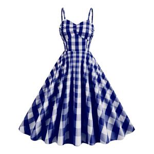 New Vacation Style Retro Plaid Stripe Hanging Strap High Waist Women's Cotton Medium Length Sleeveless A-line Casual <strong>Dress</strong> - Product Image 5
