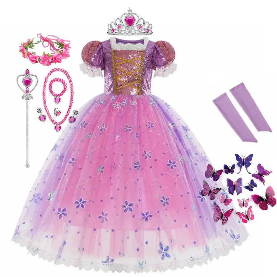 Chinesische Fabrik Rapunzel Prinzessin Kostüme Mädchen Dress Up Party Prinzessin Kostüm Lila Kleid mit Accessoires
