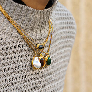 Kalung Liontin Mutiara Batu Semi Mulia Berlapis Baja Tahan Karat Retro Mystara Berkualitas Tinggi dengan Rantai Bambu yang Modis - Product Image 2