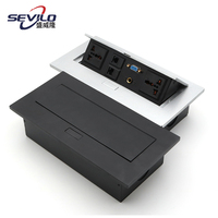 Passe-câble de bureau rond en alliage de zinc, argent/noir, avec 4 ports et 2 prises de courant