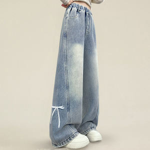 Jeans a Vita Alta Gamba Larga Lavaggio Chiaro - <span class=keywords><strong>Pantaloni</strong></span> in Denim con Dettaglio Annodato Vestibilità Comoda per Ragazze - Product Image 5