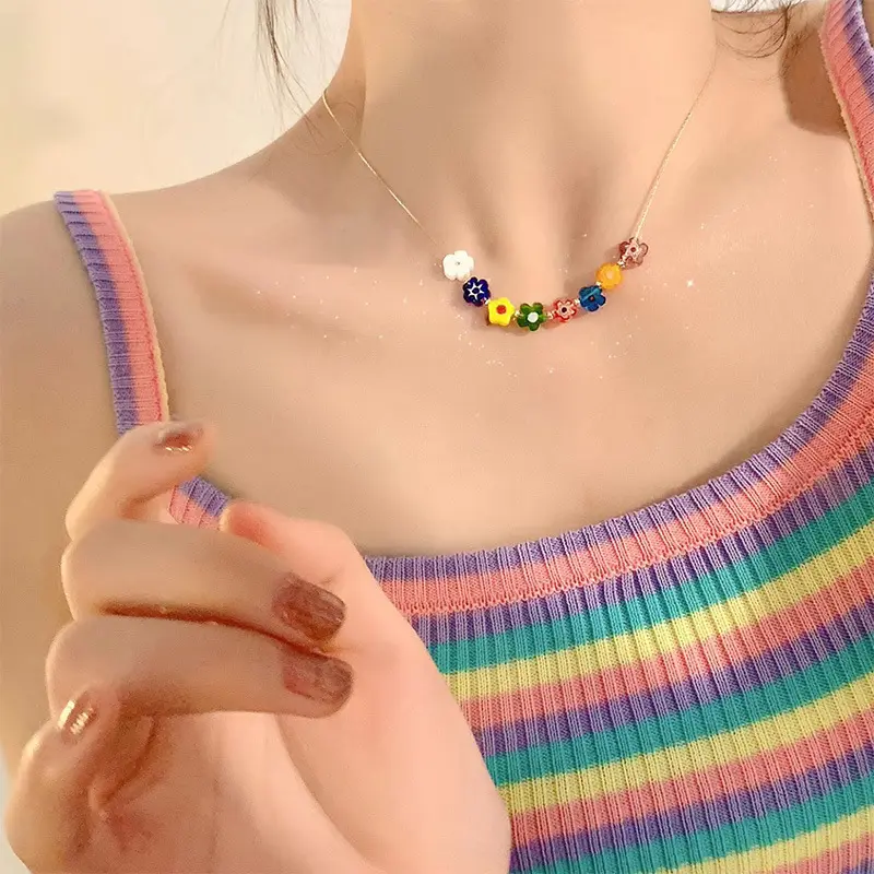 Collana di perle di pietre di fiori colorati zircone gioielli placcato oro catene di plastica ciondolo collane