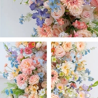 Décoration de scène pour fête d'anniversaire, bouquet de fleurs bleues, fleurs artificielles roses et violettes, arche de chemin, toile de fond personnalisée