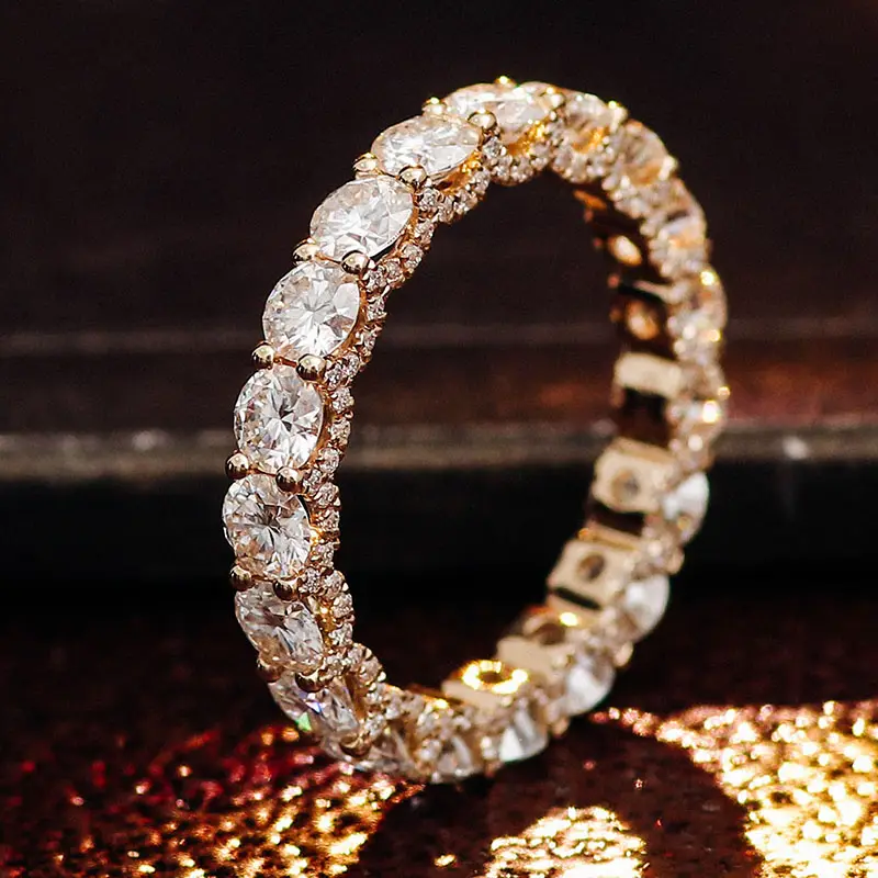 Joyería fina para mujer, anillos de eternidad de oro amarillo de 14K y 18K, anillo de banda de piedras preciosas para boda, anillo de compromiso de moissanita de corte redondo, anillo de diamantes