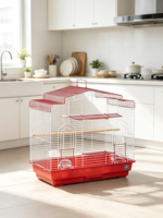 Ensemble complet de cage à oiseaux Red Roof House avec perchoirs métalliques, côtés transparents, mangeoires et plateau coulissant pour petits oiseaux d'intérieur, simple