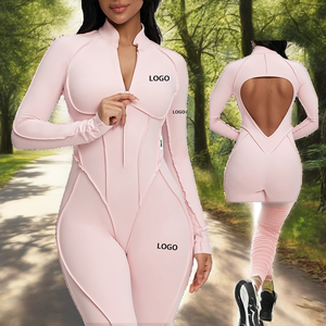 Mono deportivo sexy estampado sin espalda para mujer, de manga corta, de secado rápido, transpirable, de Spandex/Nylon, de longitud completa. - Product Image 2