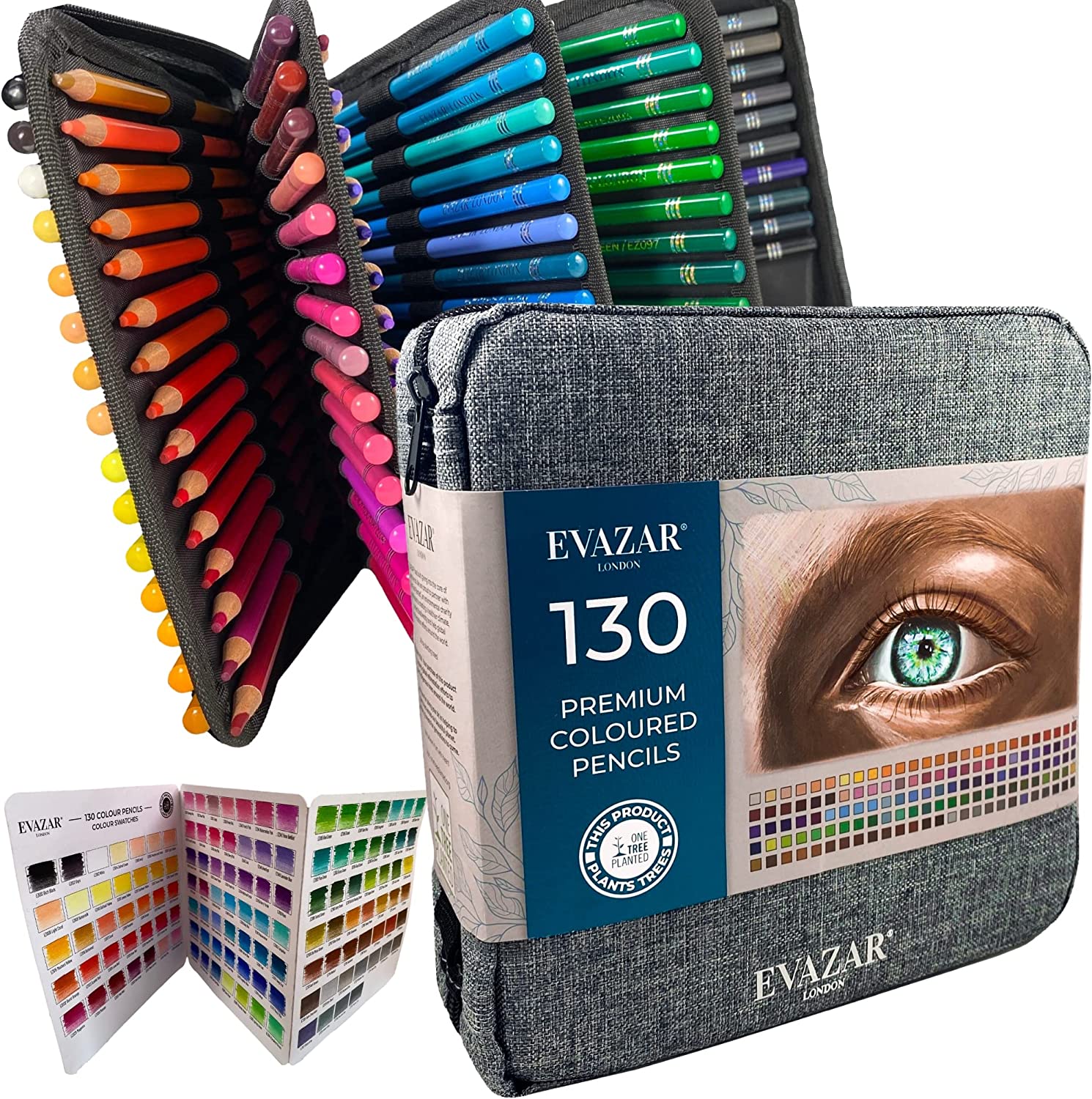 EVAZAR London Colored Pencils 130 colors Coloring Pencil Set in portable case for artist drawing